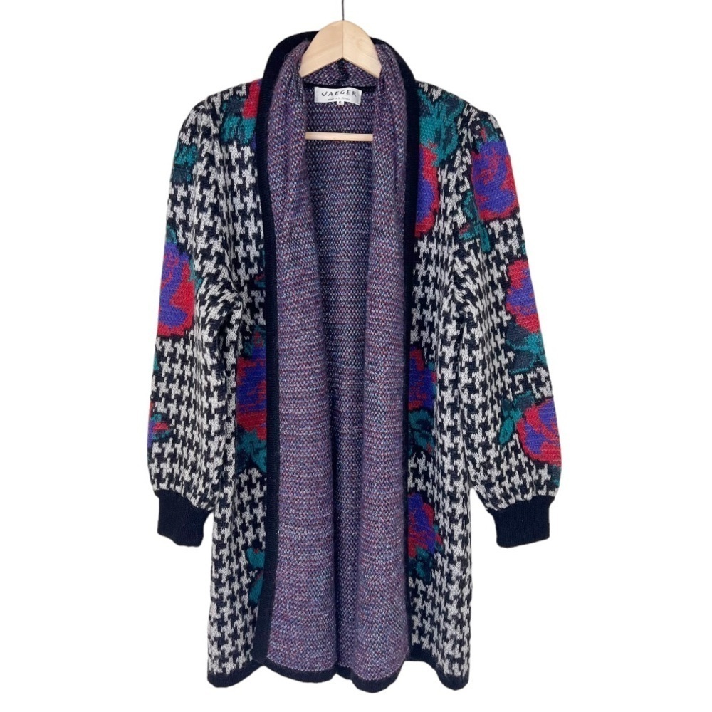 Vintage Cardigan Sweater Duster Houndstooth Mohair Wool Black Purple Size Small